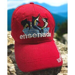 Ensenada Sonora Mexico Red Hat Cap Strapback Marlin Fish Ocean Embroidery